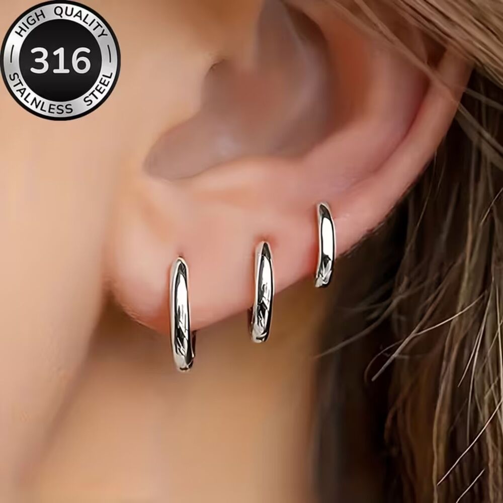 3 pair Silver Stainless Hoop Earrings Various Sizes Hinged Polished Classic Set